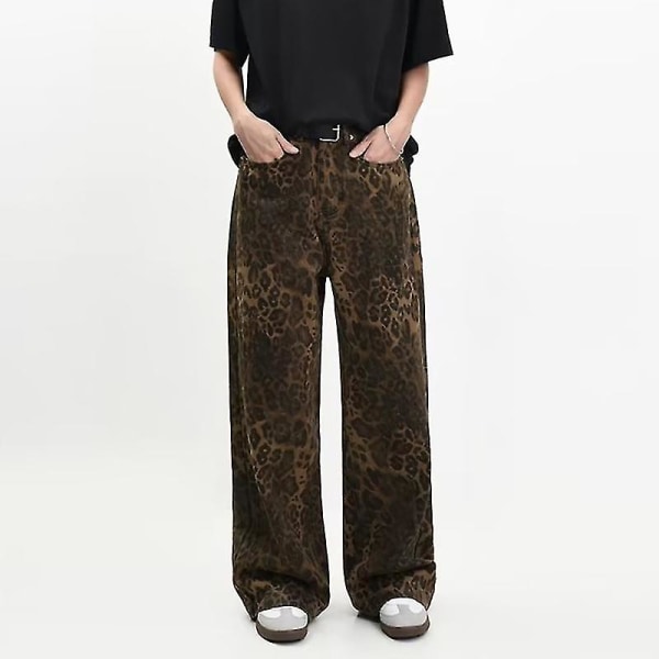 Tan Leopard Jeans Dame Denim Bukser Kvinde Oversize Wide Leg Bukser XL