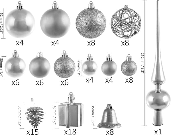 Brubaker 101-delt Julekuler med Topppynt i Lilla Juletrpynt Silver