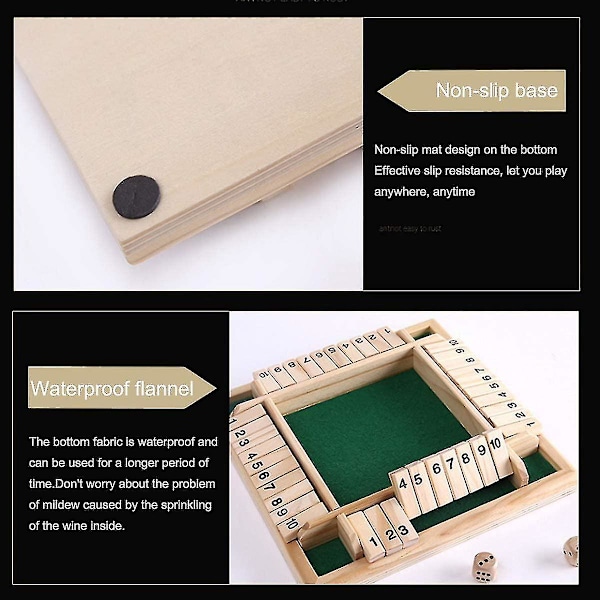 Deluxe 4-spiller Shut The Box Trettbrett Spill Klassisk Terningspill