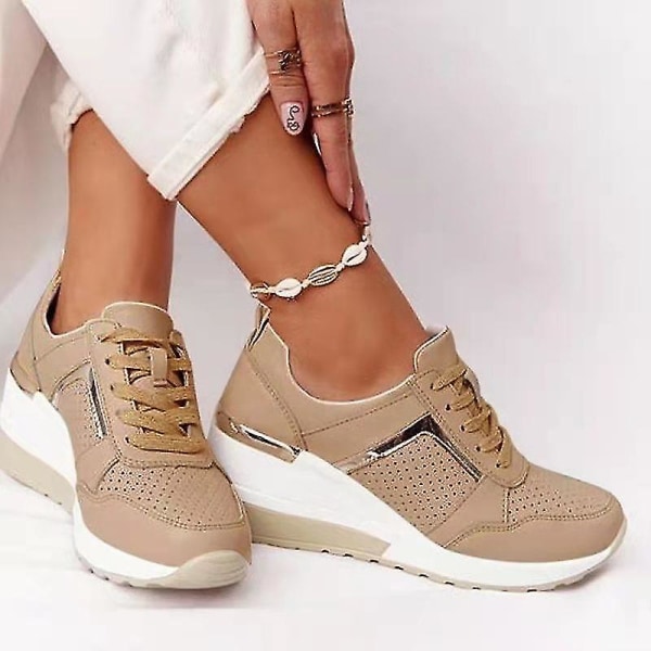 Snörskor med kilklack - Sport-sneakers för kvinnor - Vulkaniserad, avslappnad och bekväm (grå) khaki 38