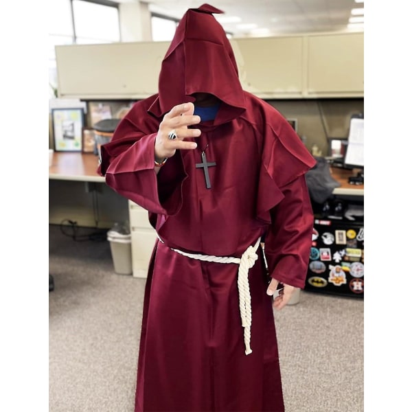 Unisex Aikuisten Keskiaikainen Takki Puku Munkki Huppu Takki Viitta Friar Pappi Noita Halloween Tunika Puku 3kpl Burgundy Large