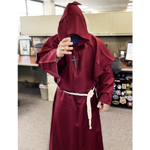 Unisex voksen middelalderkåbe kostume munk hættekåbe kappe broder præst troldmand halloween tunika kostume 3 stk. Burgundy Small