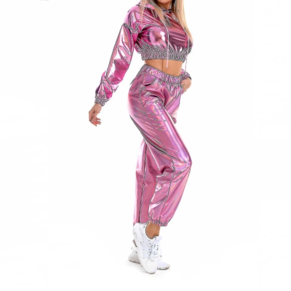 Damemote Holographic Streetwear Club Cool Shiny Causal Pants Pink XL