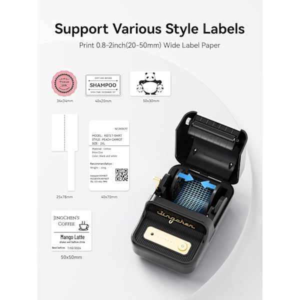 B21 Label Printer, Mini Adhesive Label Printer, Label Width 20-50 mm, Retro Bluetooth Label Printer for Office Organization Nero