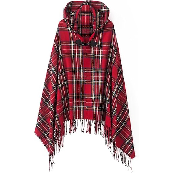 Women's Vintage Plaid Knitted Tassel Poncho Shawl Cape Button Cardigan