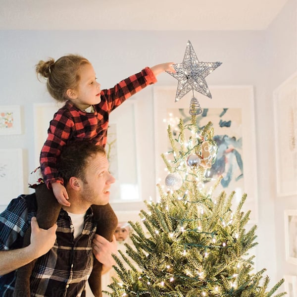 Julgransstjärna Topp med Ljus, Glittrande Julgransstjärna med LED-Ljus Ornament Fest Heminredning Juldekorationer