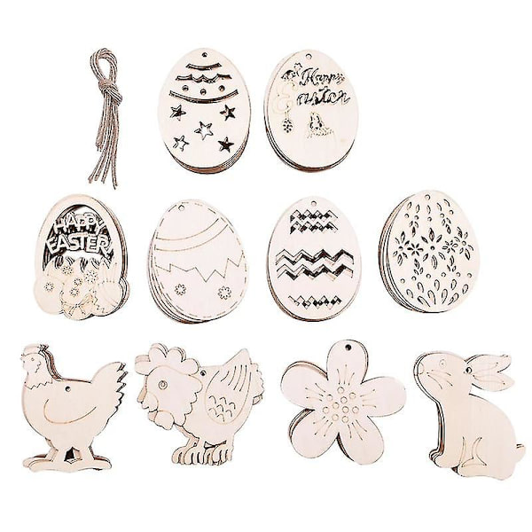 10 st Happy Easter Träägg med Hamparep Bunny Kanin Kyckling Trähantverk för Hem Påskfest Hängande Dekoration Barn DIY Måleri A01-10Pcs