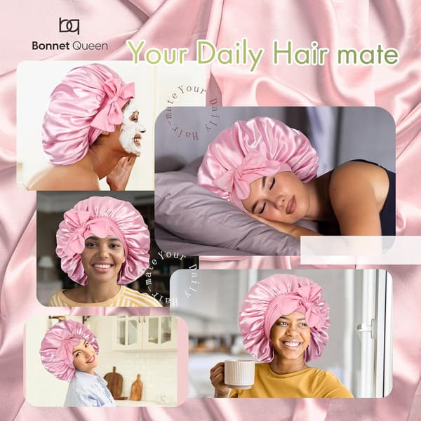Silkehårhætte til søvn med hårbånd, silkehårhætte til krøllede lange fletninger, pink