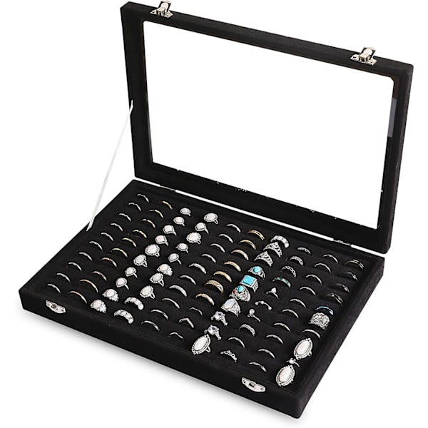 Ringe Organiserbakke 100 Slots Ringeholder Med Klar Låg Fløjls Ringe Opbevaringsboks Ringebakke Til Smykkebutik Ringe Display Case Til Smykke Show Ring B