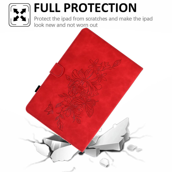 Full Protection Tablett-etui for Samsung Galaxy Tab A8 10.5 (2021) X200 / X205 Butterfly Flower Pattern Trykt PU Lær Sylinje Anti-fall T Red