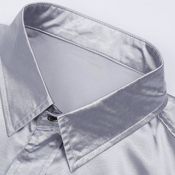 Sliktaa Herre Casual Fashion Shiny Langermet Slim-Fit formell skjorte Gray 2XL