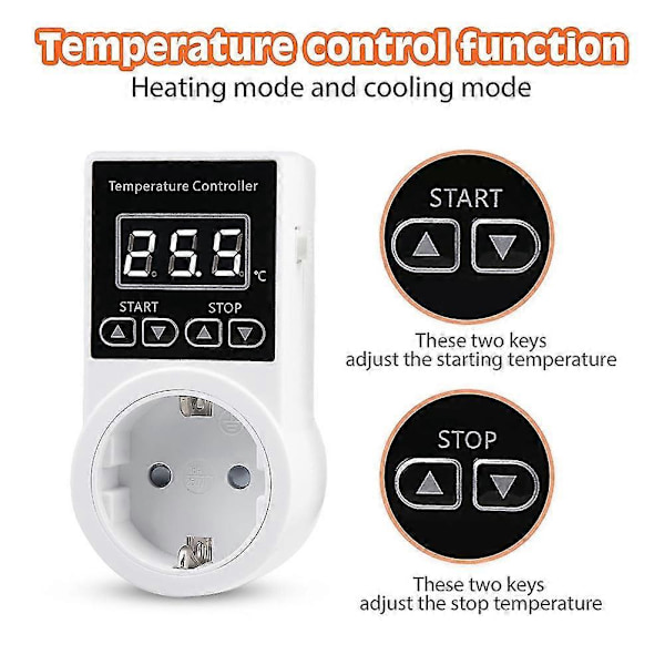 1 stk Termostatkontakt med sensor, Digital temperaturstyringskontakt, Vanntett temperatursbryter EU-plugg