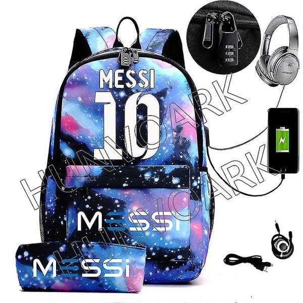 Messi vedenpitävä reppu USB casual matkareppu naisten miesten suurikapasiteettinen matkareppu kannettava reppu koululaukut Light Green