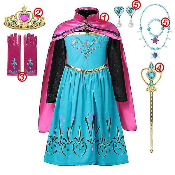 Girls" Frozen Princess -mekko: Paljetoitu mesh pallomekko Cosplay-peliin Elsa tai Anna 6PCS Elsa Dress Set 11-12T (150)