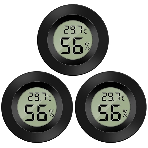 LCD digital temperaturfuktighetsmätare, mini digital termometer hygrometer och luftfuktighetsmätare för växthus/bilar/hem/kontor, svart 3-pack - rund