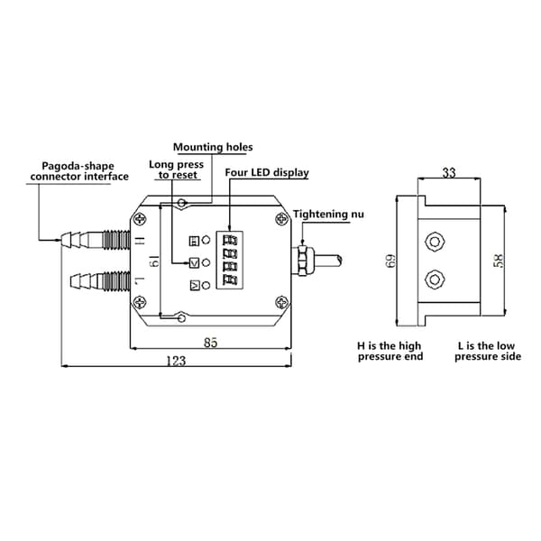 LCD Intelligent Digital Lufttrykssender Sensor DC 24V 4-20mA Plejeventilation 0-20kPa