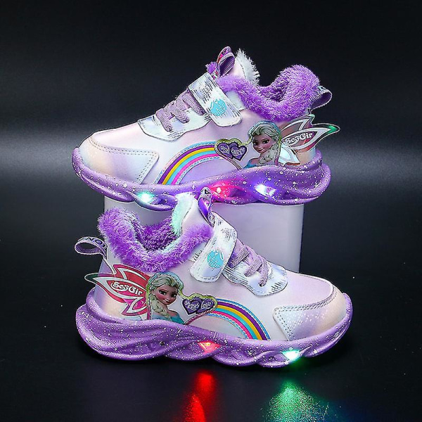 Pige Led Casual Sneakers Elsa Prinsesse Print Udendørs Sko Børn Lysende Anti-Slip Sko Til Forår Og Vinter Purple T 34-insole 21.2cm