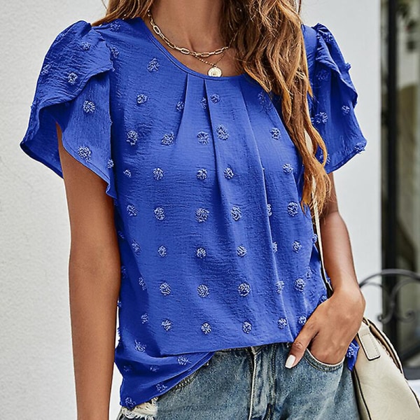 Dame T-shirt Chiffon toppe med rund hals med polka dots tunika bluse Casual T-shirt med kronblade Royal Blue L