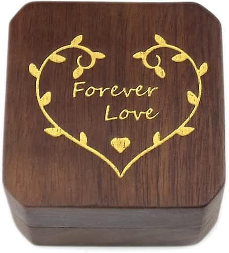 Rustikk treforlovelsesringboks, gravert med gullordene 'Forever Lover', solid treboks for frieri og oppbevaring av gifteringer
