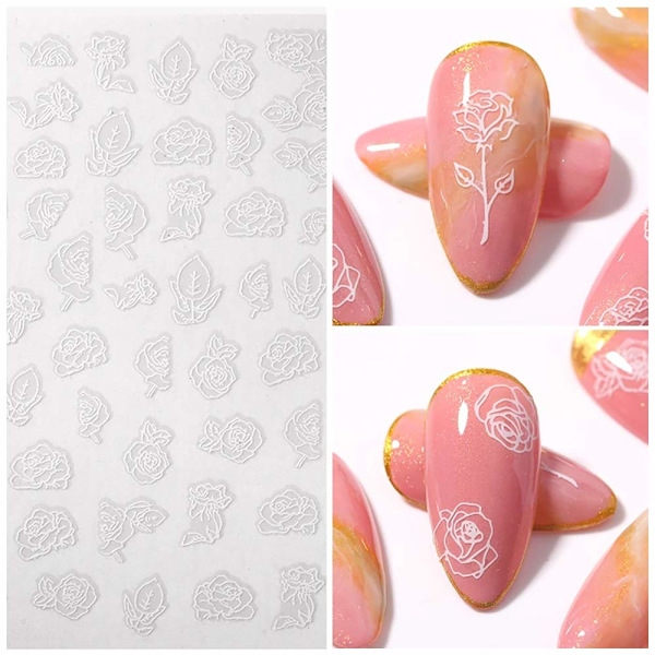 3D självhäftande svartvita rosnagelstickers fransk ihålig blomma nagelkonstdesign manikyr DIY nageldekoration (6 ark)