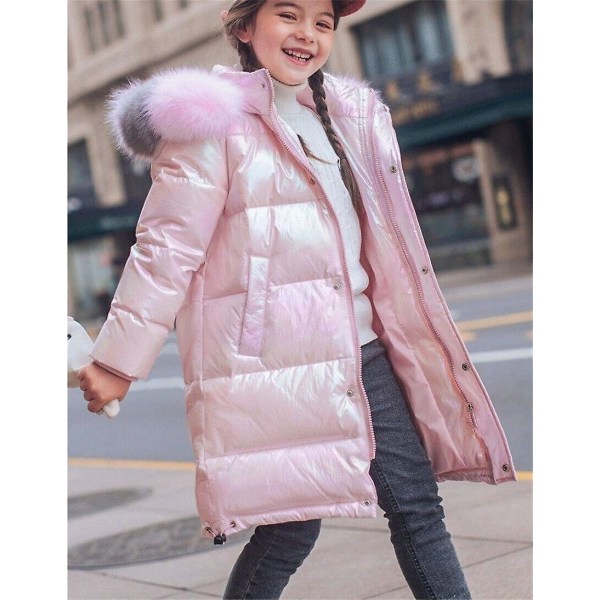 Vinter børn piger frakke skinnende jakke tyk sne ned på midten af ​​låret polstret varm hætte Pink 130cm
