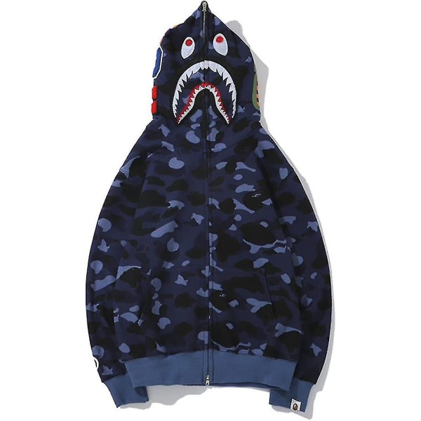 Shark Ape Bape Huppari Camo-Painatus Polyesteri Neule Rentoutunut Vetoketjullinen Huppari Takki Miehille Naisille Camouflage Blue 2XL