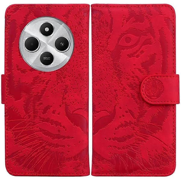 Tiger Præget Læder Etui Til Redmi 14C 4G Red