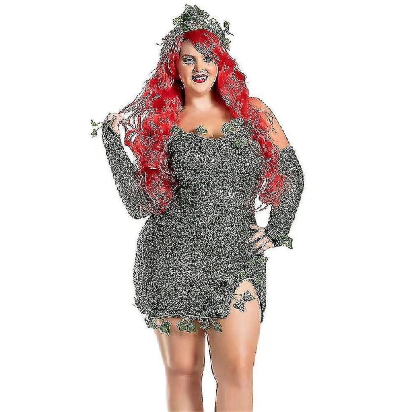 Halloween-skurk Poison Ivy Cosplay-kostume Fancy-kjole kompatibelt Kvinder Carnival Party Pailletter-kjolesæt L