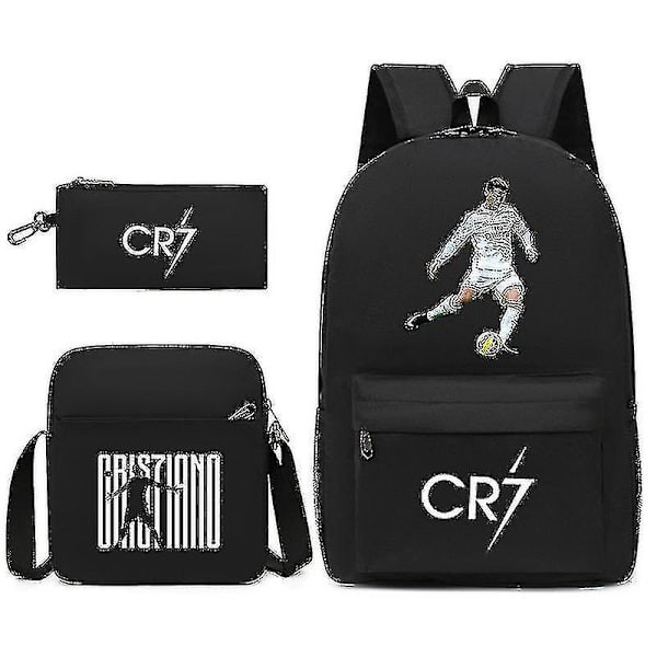 Jalkapalloilija C Ronaldo CR7 -painatus reppu ympäri opiskelijan kolmiosainen reppu. Black 2 Single shoulder bag