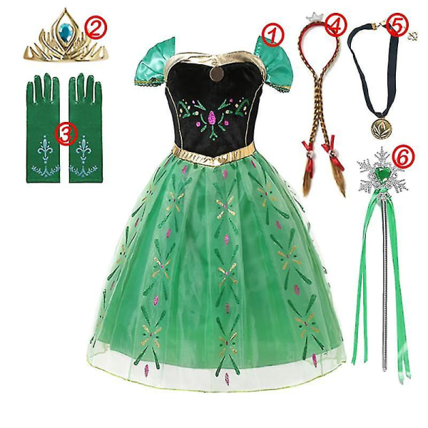 Flickans Frozen Prinsessklänning: Sekvenserad Mesh-bollklänning för Cosplay som Elsa eller Anna 6PCS Anna Dress Set3 5-6T (120)