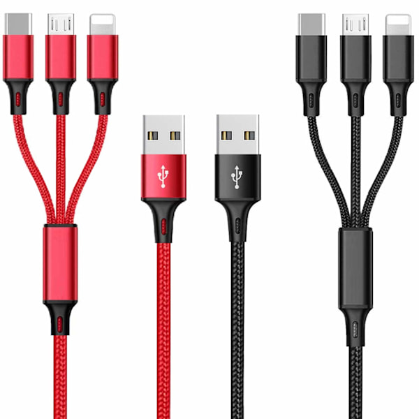 Multiladdningskabel 2-pack, 3A 3-i-1 snabbladdningskabel, 1,25m nylonflätad multi-USB-kabel med iP Micro USB Typ C-port