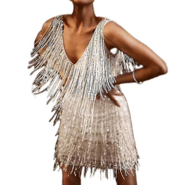 Kvindes Frynse Kjole Sexy Fjer Tassels Mini Kjole white L