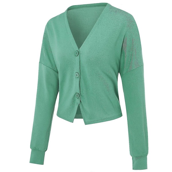 Bomuld Dame V-hals Mode Design Løstsiddende Ensfarvet Casual Cardigan 15 Farver Green 3XL