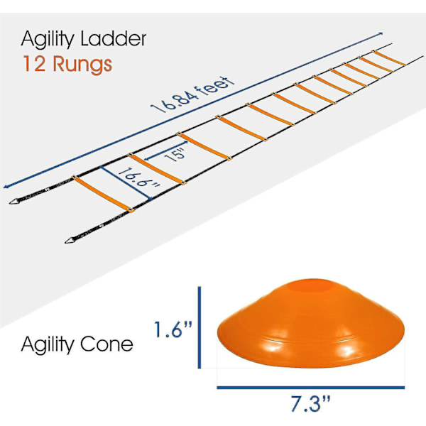 Ultimate Combo Agility Ladder Træningssæt - Hurtighed Agility Ladder med 12 Justerbare Trin, 12 Agility Kegler & 4 Stålpløkke - Inkluderet Bærepose Combo Orange