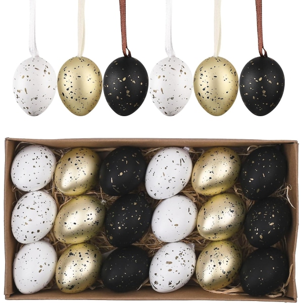 Valery Madelyn 18 kpl pääsiäismunakoristelupuukoristeet, 4 cm:n särkymättömät roikkuvat pääsiäismunat puulle, värikäs pääsiäiskori , joka sisältää kananmunaa Black Gold