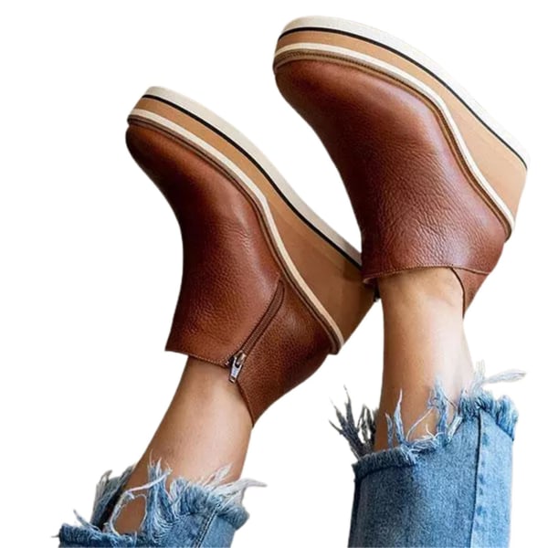 Dame Premium solide farger kile ankelstøvletter rund tå fottøy kiler Uformelle sko Fasjonable Brown 36