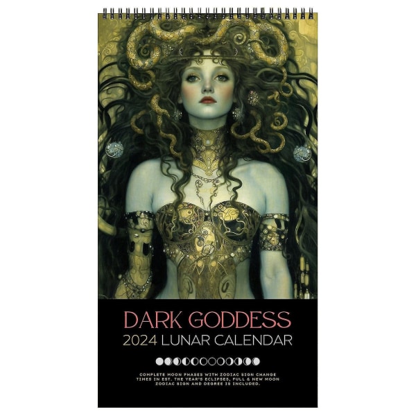 Dark Goddess 2024 kalenteri Black Moon Phase seinäkalenteri Bohemian goottilainen pakanallinen huonekalenteri