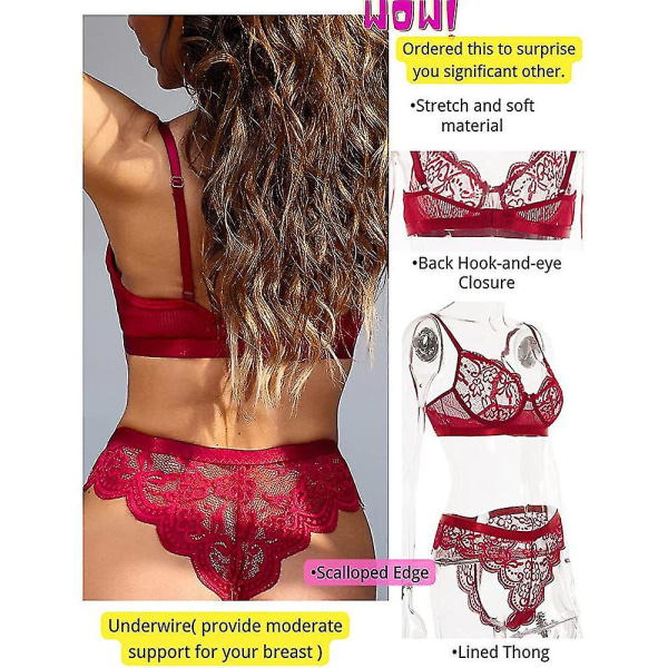 Damunderkläder Set Sexig Genomskinlig Spetsbh Hög Midja Tanga Underkläder Nattkläder Wine Red 2XL