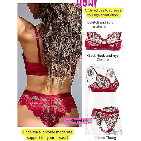 Damunderkläder Set Sexig Genomskinlig Spetsbh Hög Midja Tanga Underkläder Nattkläder Wine Red 3XL