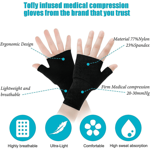 4 delar unisex handled tumstöd ärm fingerlösa handledshandskar kompression artrit handskar sport handledsstöd Black XL