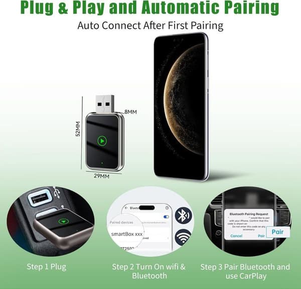 Trådlös CarPlay & Android Auto-adapter, 2-i-1 trådlös CarPlay-adapter med USB C/A, Plug and Play, stöder