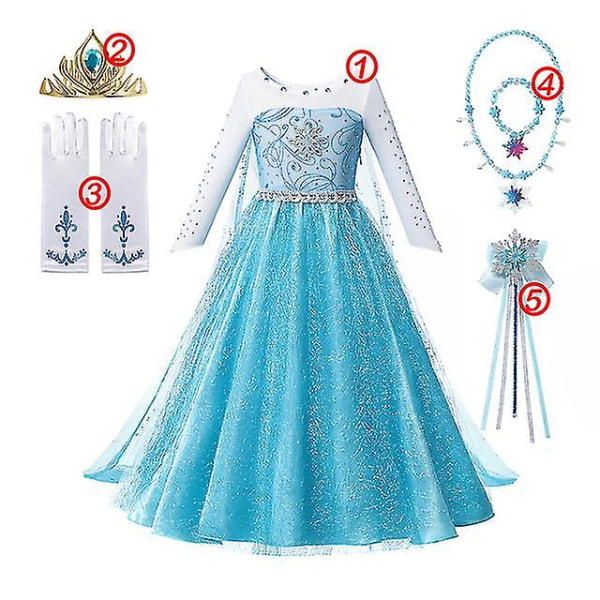 Girls" Frozen Princess -mekko: Paljetoitu mesh pallomekko Cosplay-peliin Elsa tai Anna 5PCS Elsa Dress Set1 11-12T (150)