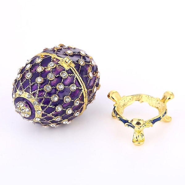 Krystall-emaljert påske Fabergé-egg smykkeskrin ring øredobber russisk etui Hk Purple 7x4.7cm