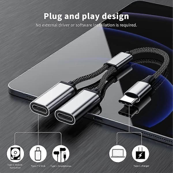 USB C Splitter Type C til Dual USB C Han Adapter 480Mbps Type C til Dual USB C Dual Adapter USB Splitter Kabel Konverter