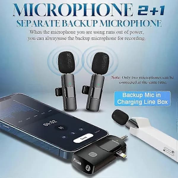 3-i-1 Trådløs Lavalier Mikrofon for iPhone, iPad, Android, Kamera, 12 timer