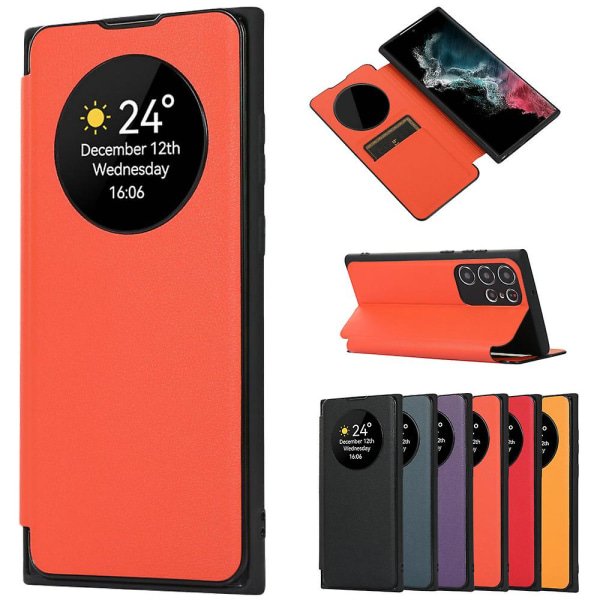 Älykäs nukkumis-/herätystoiminto Näkymäikkuna Premium-nahkainen case Samsung Galaxy S24 Ultra/s24 Plus/24:lle, korttipaikkateline Orange S24 Ultra