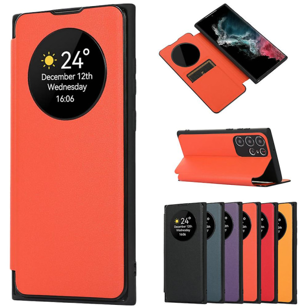 Smart Sleep/Wake Up Funktion View Window Premium Læder Flip Case til Samsung Galaxy S24 Ultra/s24 Plus/24 med kortplads Kickstand Orange S24 Plus