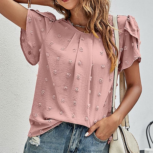 T-shirt dam T-shirt Chiffong med rund halsringning Polka Dots Tunika Blus Casual Petal-sleeve Tee Dark Pink S