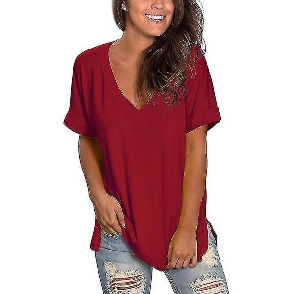 Dame T-skjorte Sommer Topper 2022 Sommer V-hals Løstsittende Casual Wine red L