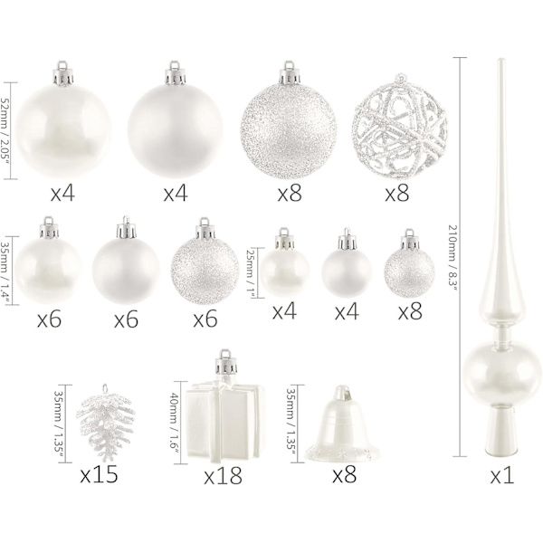 Brubaker 101-dels Julekuler med Topppynt i Lilla, Julepynt til Juletreet Creamy white